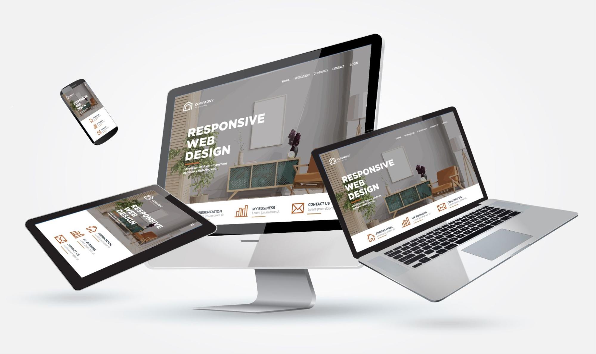 A modern digital display featuring a custom conversion-focused website layout optimized seamlessly across desktop, laptop, tablet, and mobile device screens.